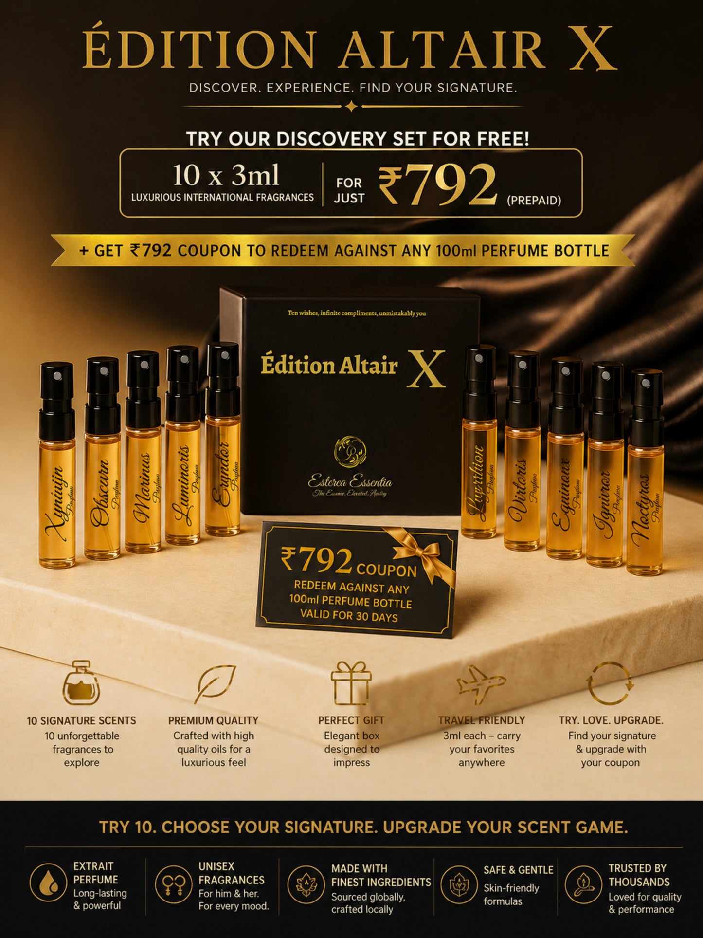 Édition Altair X | 10×3ml Designer Perfume Discovery Set | Collection of Aquatic, Woody, Seductive, Meditative Fragrances | | Try For Free | 50% Luxurious Oil Concentrate | Better Than International Designer Fragrances