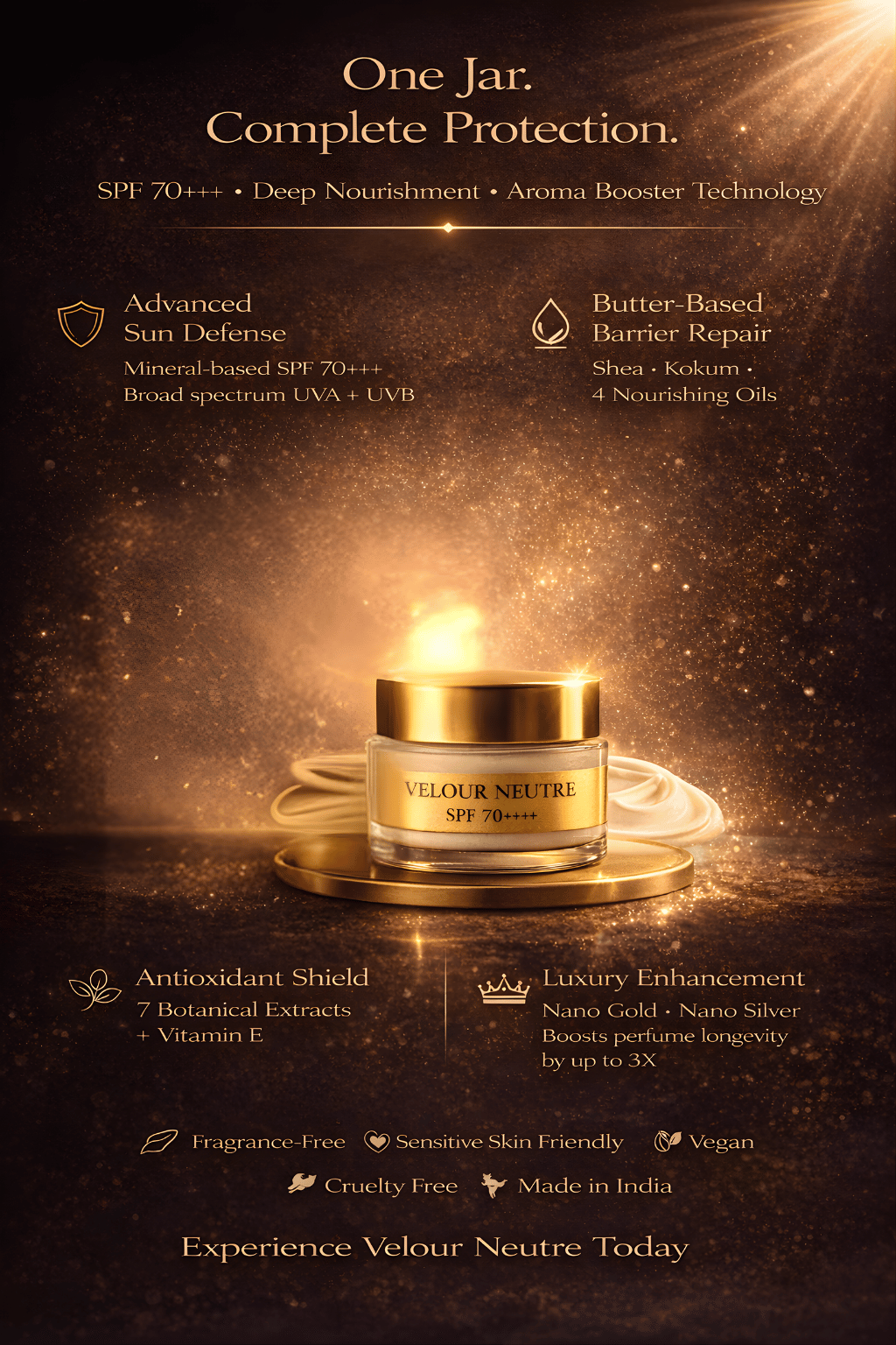 Velour Neutre Aroma Booster | India's First SPF 70 PA++++ Mineral Gel Sunscreen, Moisturizer & Aroma Booster | Science-Backed Protection, Botanical-Led