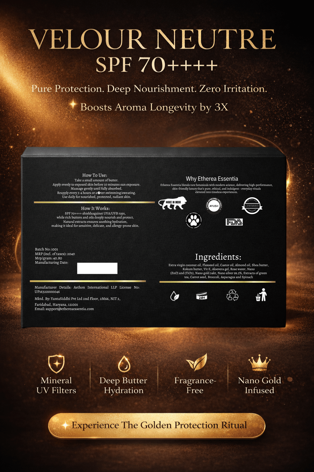 Velour Neutre Aroma Booster | India's First SPF 70 PA++++ Mineral Gel Sunscreen, Moisturizer & Aroma Booster | Science-Backed Protection, Botanical-Led