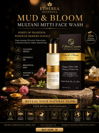 Mud & Bloom Multani Mitti Face Wash for Oil Control & Radiant Glow | Carefully Crafted. Botanically Powered. Luxuriously Effective.