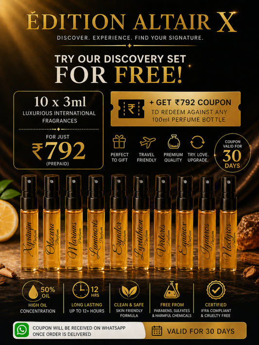 Édition Altair X | 10×3ml Designer Perfume Discovery Set | Collection of Aquatic, Woody, Seductive, Meditative Fragrances | | Try For Free | 50% Luxurious Oil Concentrate | Better Than International Designer Fragrances