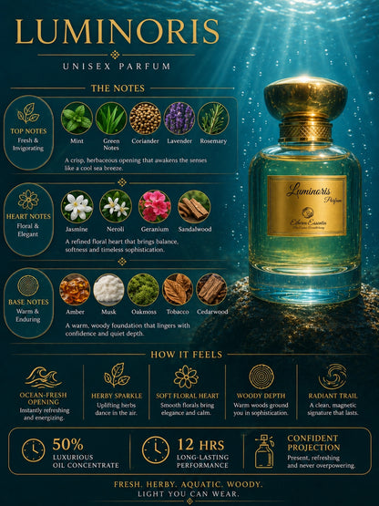 Luminoris Unisex Perfume | Fresh, Herby, Aquatic, Woody, Long-Lasting Unisex Parfum | 50% Luxurious Oil Concentrate | Better Than DC Water worth Rs 4,960/100ml