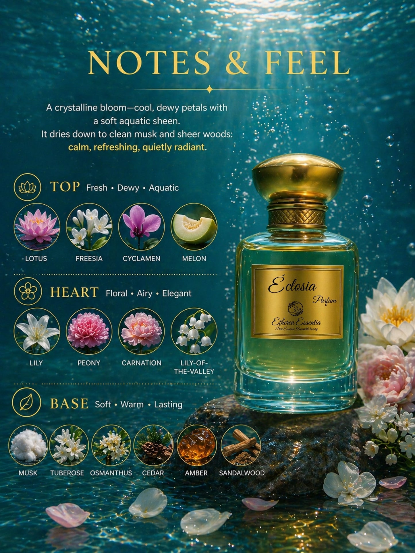 Éclosia Unisex Extrait Parfum | Fresh, Floral, Aquatic, Seductive, Long-Lasting Unisex Parfum | 50% Luxurious Oil Concentrate | Better Than Pour Femme worth Rs 8,950/100ml