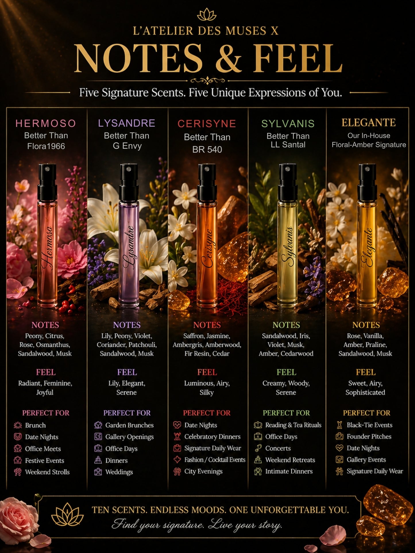 L’Atelier des Muses X | 10×3ml Unisex Designer Perfume Discovery Set | Collection of Floral, Woody, Seductive, Meditative Fragrances | Try For Free | 50% Luxurious Oil Concentrate | Better Than International Designer Fragrances