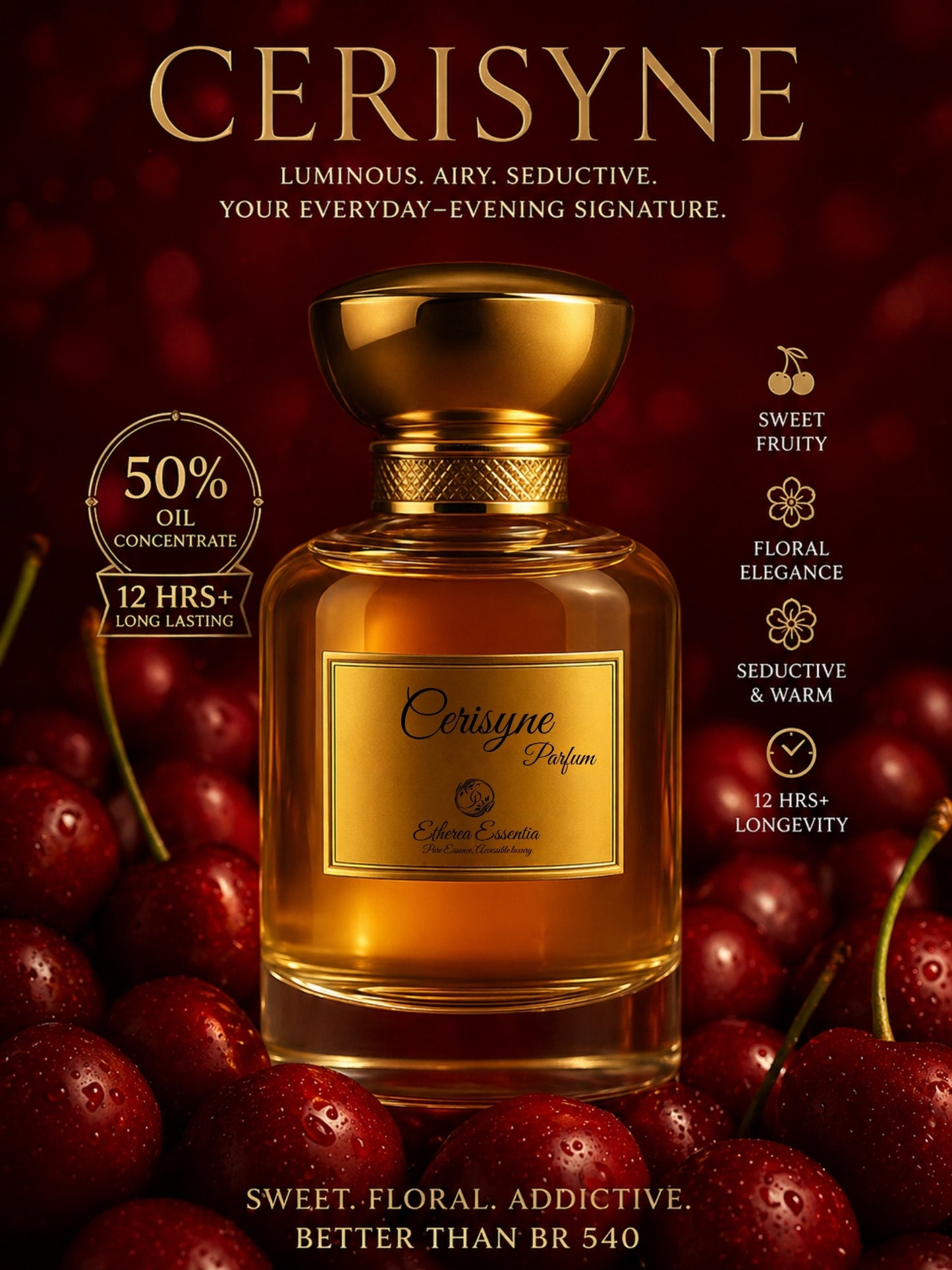 Cerisyne Unisex Perfume | Sweet, Fruity, Floral, Seductive, Long-Lasting Unisex Parfum | 50% Luxurious Oil Concentrate | Better Than BR 540 worth Rs 32,100/70ml