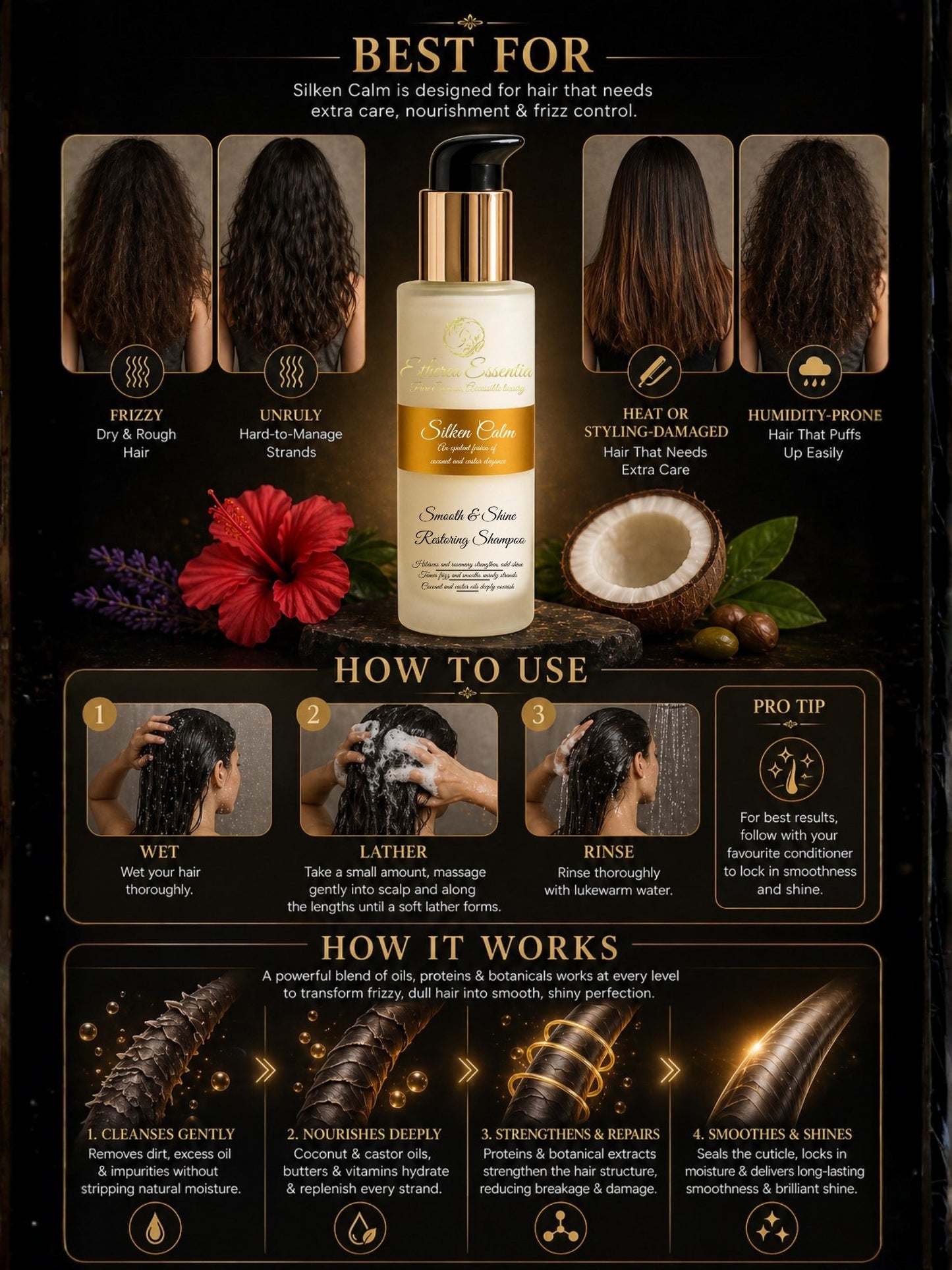 Silken Calm Anti Frizz Shampoo | Smooth & Shine Restoring Shampoo with Coconut & Castor Oils