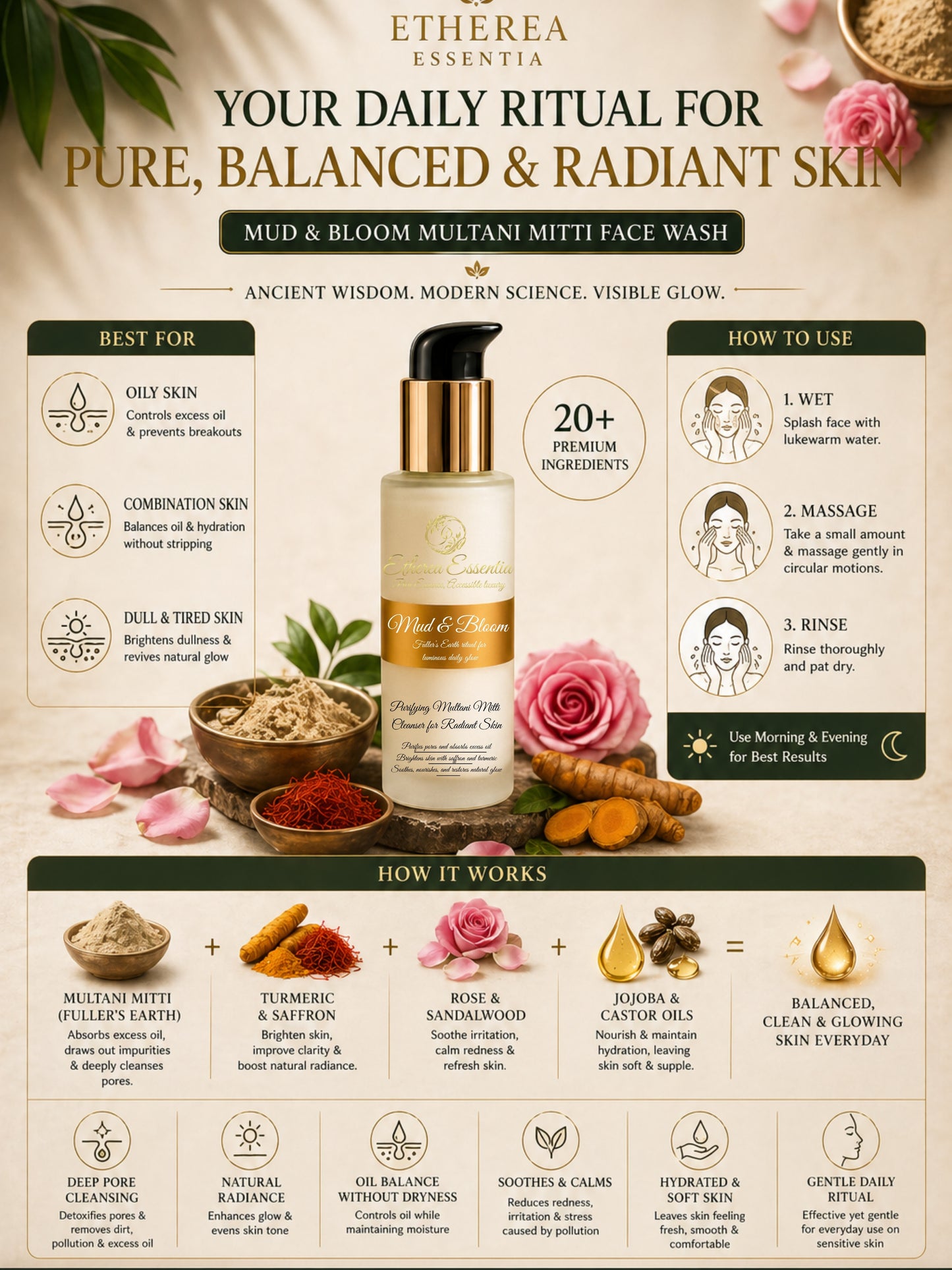 Mud & Bloom Multani Mitti Face Wash for Oil Control & Radiant Glow | Carefully Crafted. Botanically Powered. Luxuriously Effective.