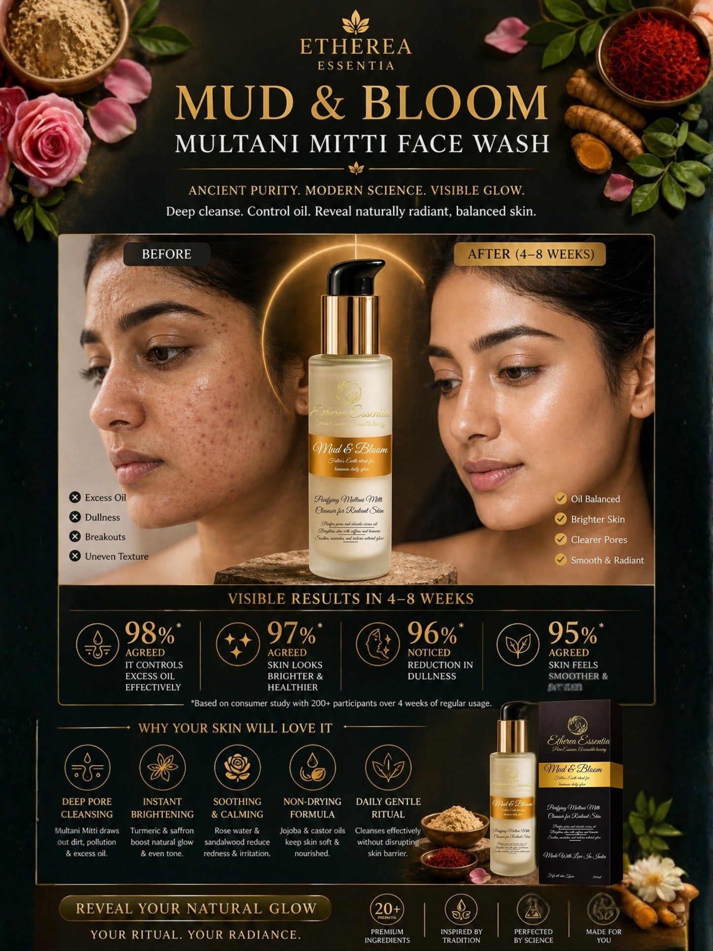 Mud & Bloom Multani Mitti Face Wash for Oil Control & Radiant Glow | Carefully Crafted. Botanically Powered. Luxuriously Effective.