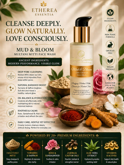 Mud & Bloom Multani Mitti Face Wash for Oil Control & Radiant Glow | Carefully Crafted. Botanically Powered. Luxuriously Effective.